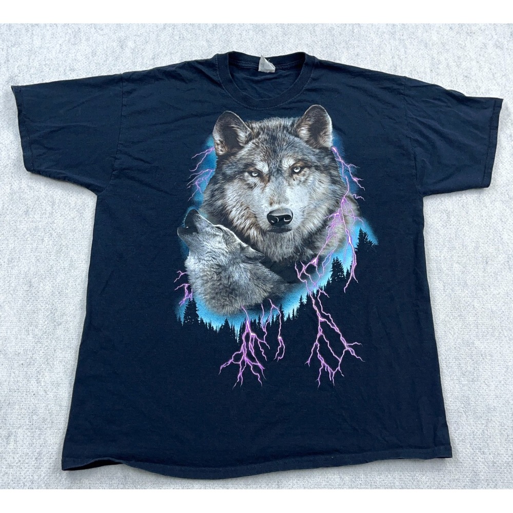 Vintage Nature Shirt Men XL Black Thunder Lightning Motorcycle Biker Wolf Y2K‎
